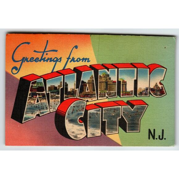 Greetings From Atlantic City New Jersey Large Letter Linen Postcard Unused Hotel - Picture 1 of 2